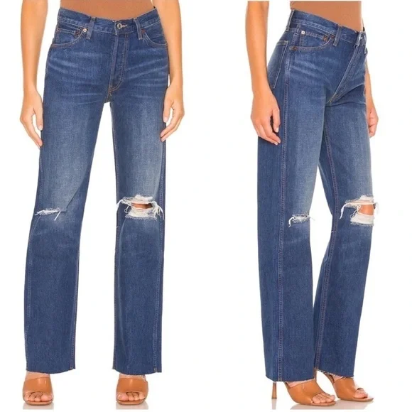 Re/done 90's High Rise Loose Destroyed Broken Blue Jeans Size 29 NWT